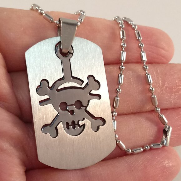 Other - Mens Stainless Steel Pirate Skull Cut Fit Dog Tag Pendant Bamboo Chain Necklace